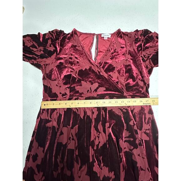 Calvin Klein Women’s Velvet Floral Burnout Faux Wrap Midi Dress Maroon 16 Party - Picture 9 of 14